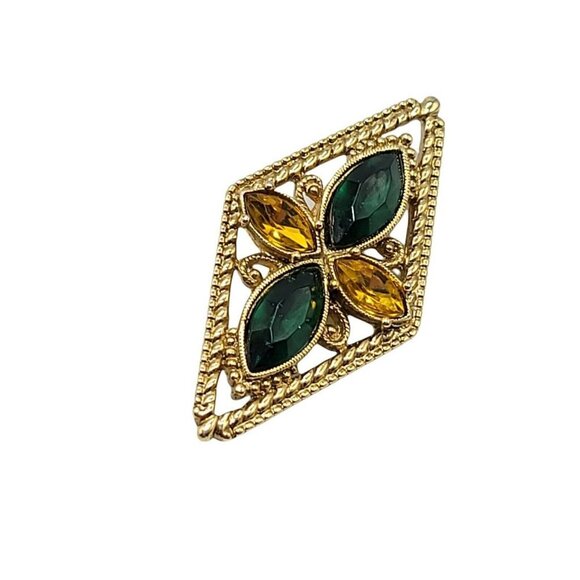 1928 Art Nouveau Styled Green Yellow Rhinestone Gold Tone Pin Brooch Vintage - Picture 2 of 4